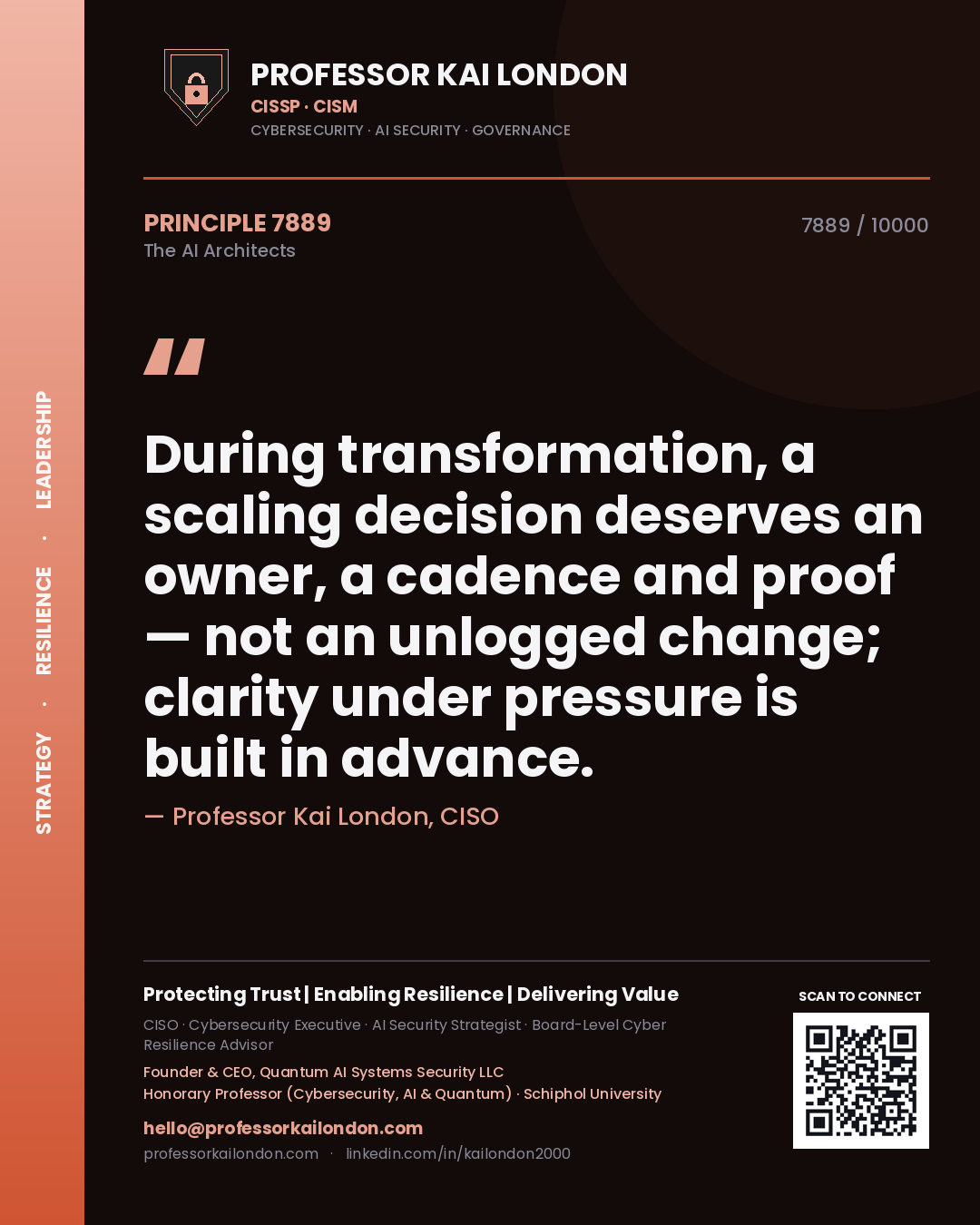 Quote card by Professor Kai London reading 'During transformation, a scaling decision deserves an owner, a cadence and proof — not an unlogged change; clarity under pressure is built in advance.'. From the book The AI Architects.