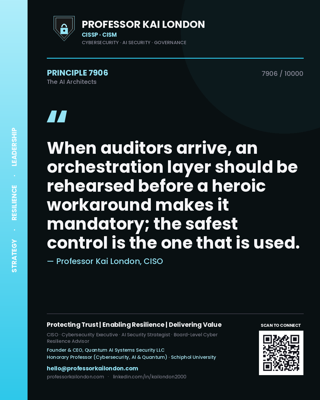 Quote card by Professor Kai London reading 'When auditors arrive, an orchestration layer should be rehearsed before a heroic workaround makes it mandatory; the safest control is the one that is used.'. From the book The AI Architects.