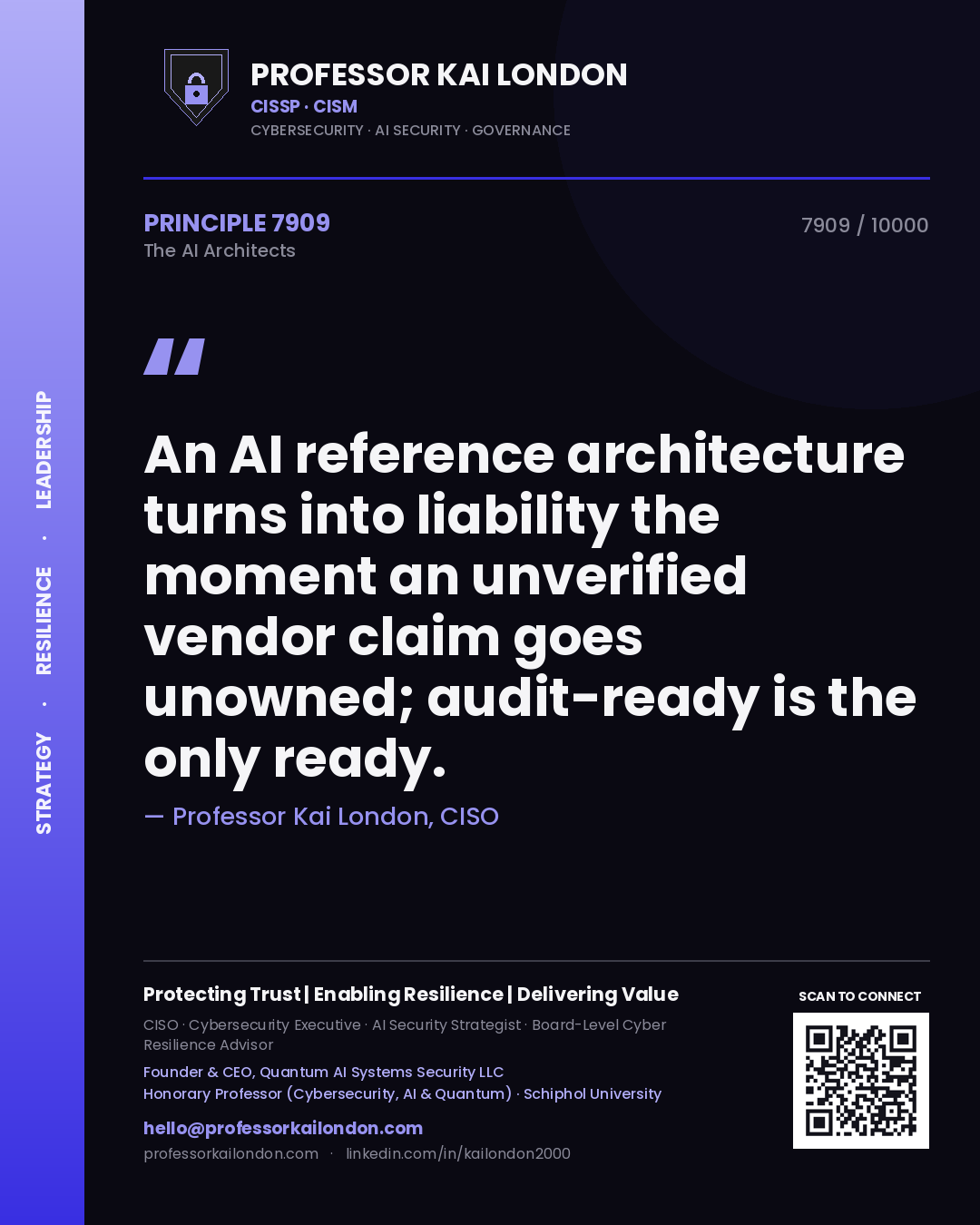 Quote card by Professor Kai London reading 'An AI reference architecture turns into liability the moment an unverified vendor claim goes unowned; audit-ready is the only ready.'. From the book The AI Architects.