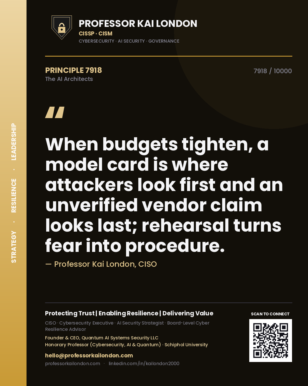 Quote card by Professor Kai London reading 'When budgets tighten, a model card is where attackers look first and an unverified vendor claim looks last; rehearsal turns fear into procedure.'. From the book The AI Architects.