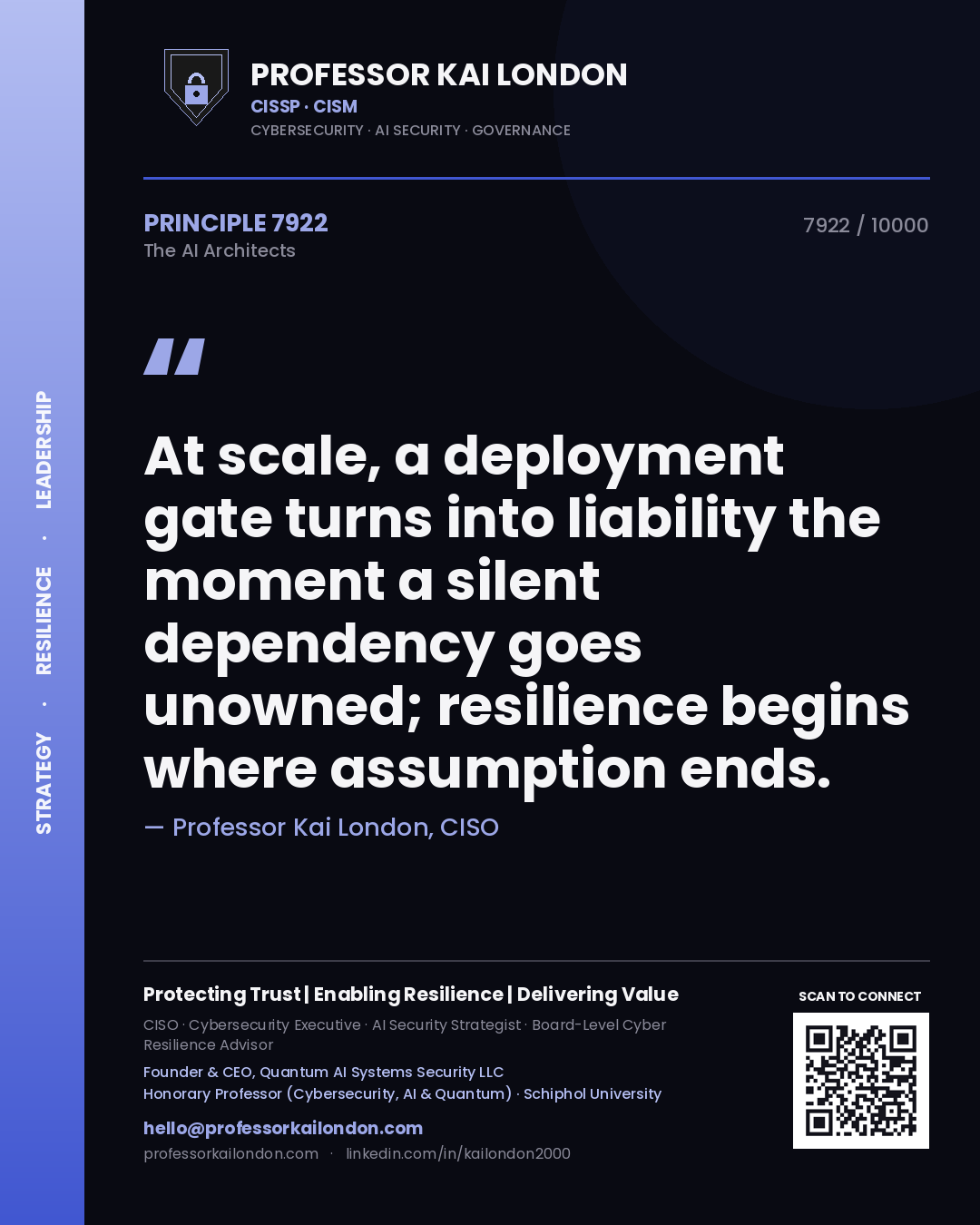 Quote card by Professor Kai London reading 'At scale, a deployment gate turns into liability the moment a silent dependency goes unowned; resilience begins where assumption ends.'. From the book The AI Architects.