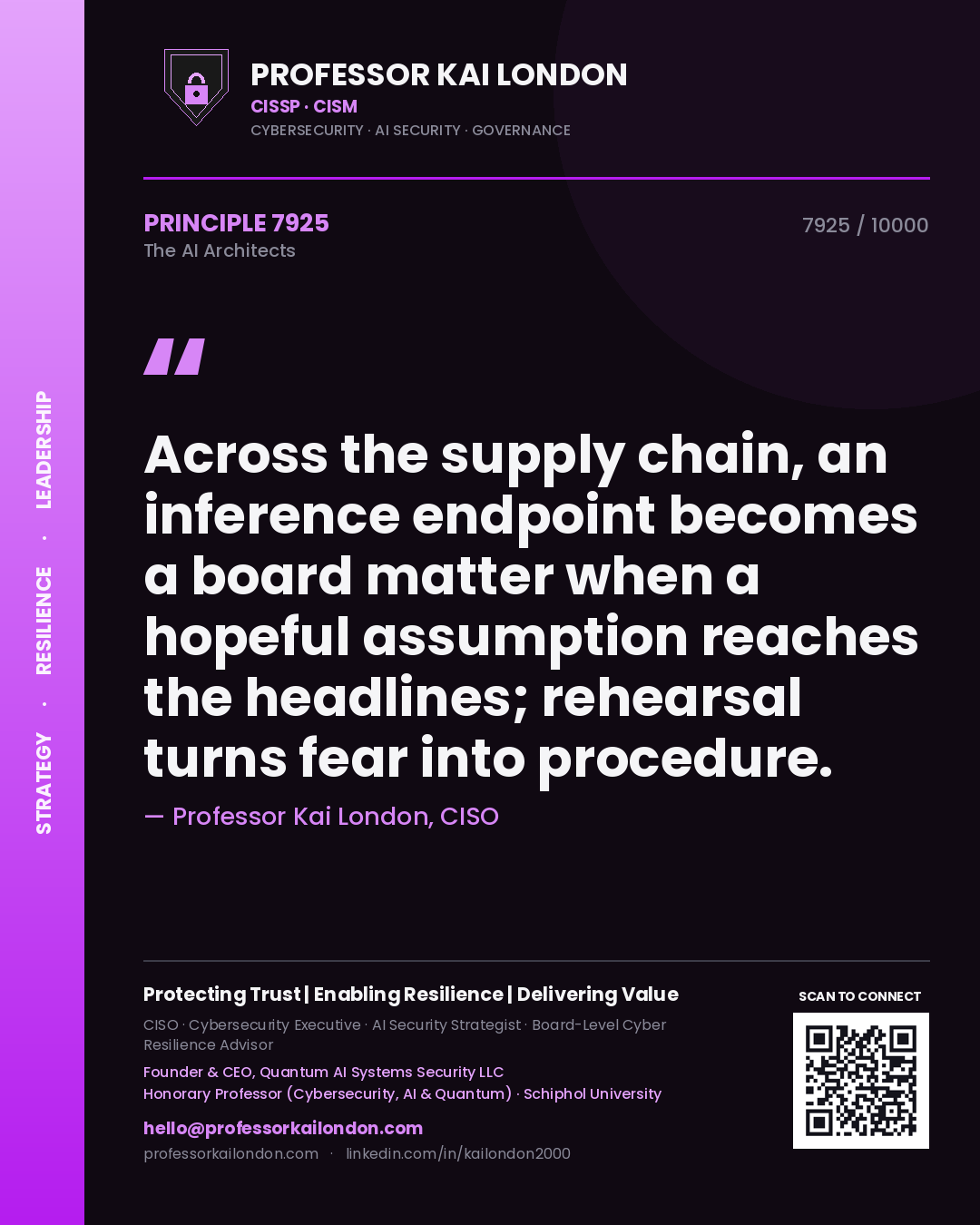 Quote card by Professor Kai London reading 'Across the supply chain, an inference endpoint becomes a board matter when a hopeful assumption reaches the headlines; rehearsal turns fear into procedure.'. From the book The AI Architects.
