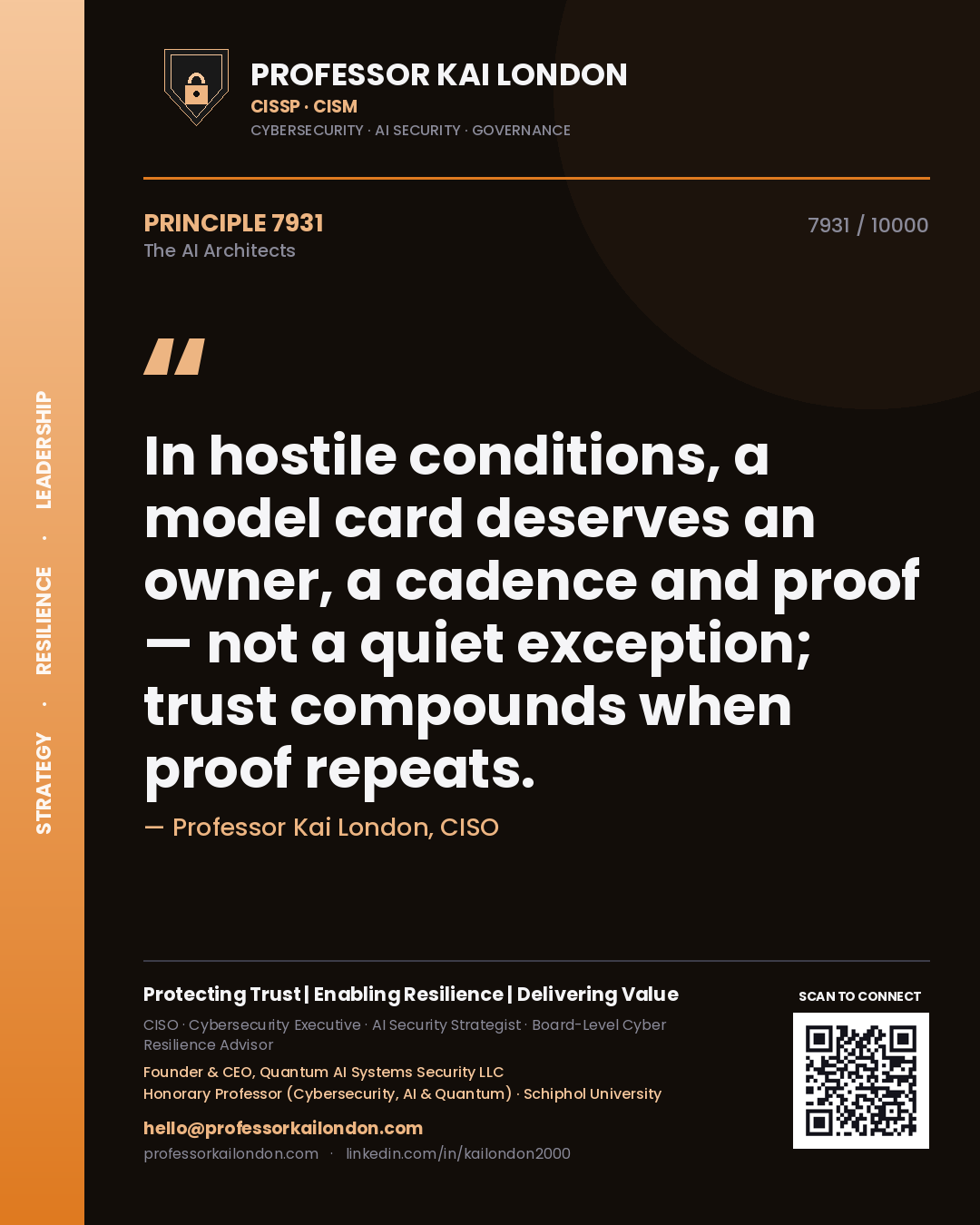 Quote card by Professor Kai London reading 'In hostile conditions, a model card deserves an owner, a cadence and proof — not a quiet exception; trust compounds when proof repeats.'. From the book The AI Architects.