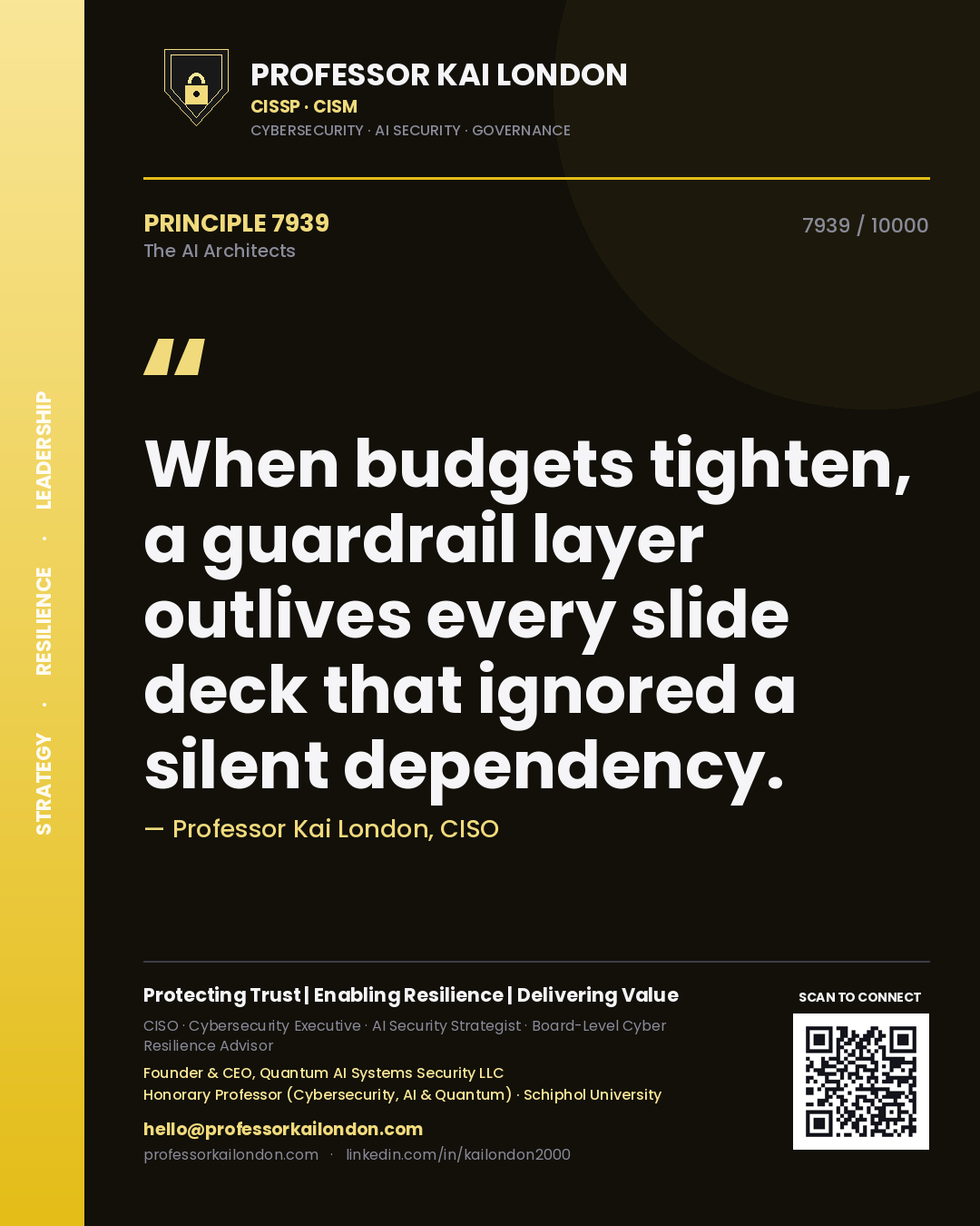 Quote card by Professor Kai London reading 'When budgets tighten, a guardrail layer outlives every slide deck that ignored a silent dependency.'. From the book The AI Architects.