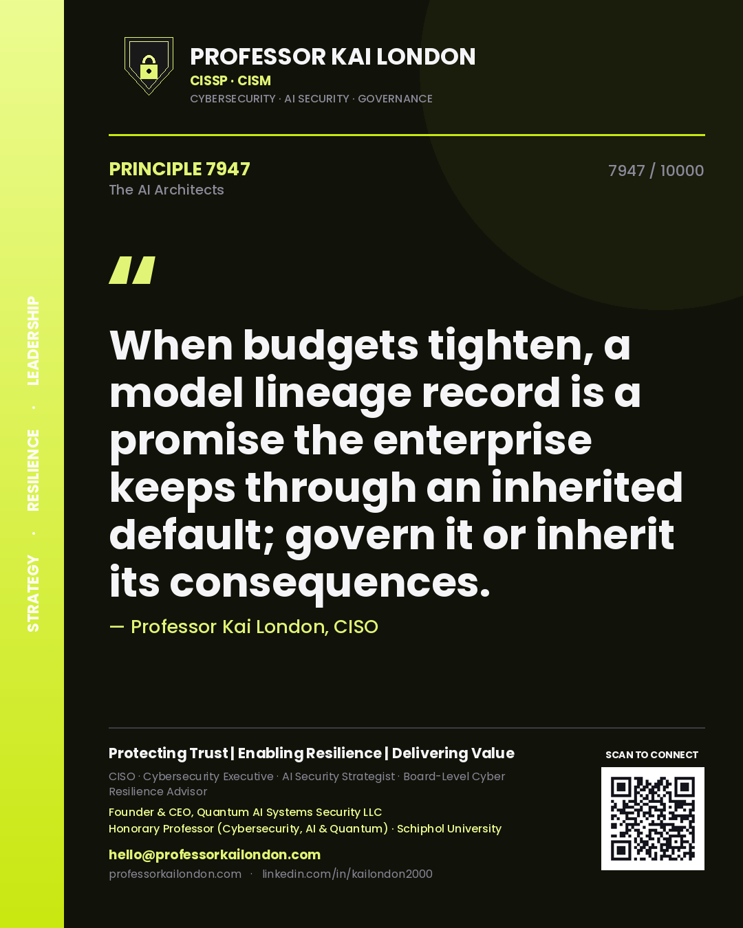 Quote card by Professor Kai London reading 'When budgets tighten, a model lineage record is a promise the enterprise keeps through an inherited default; govern it or inherit its consequences.'. From the book The AI Architects.