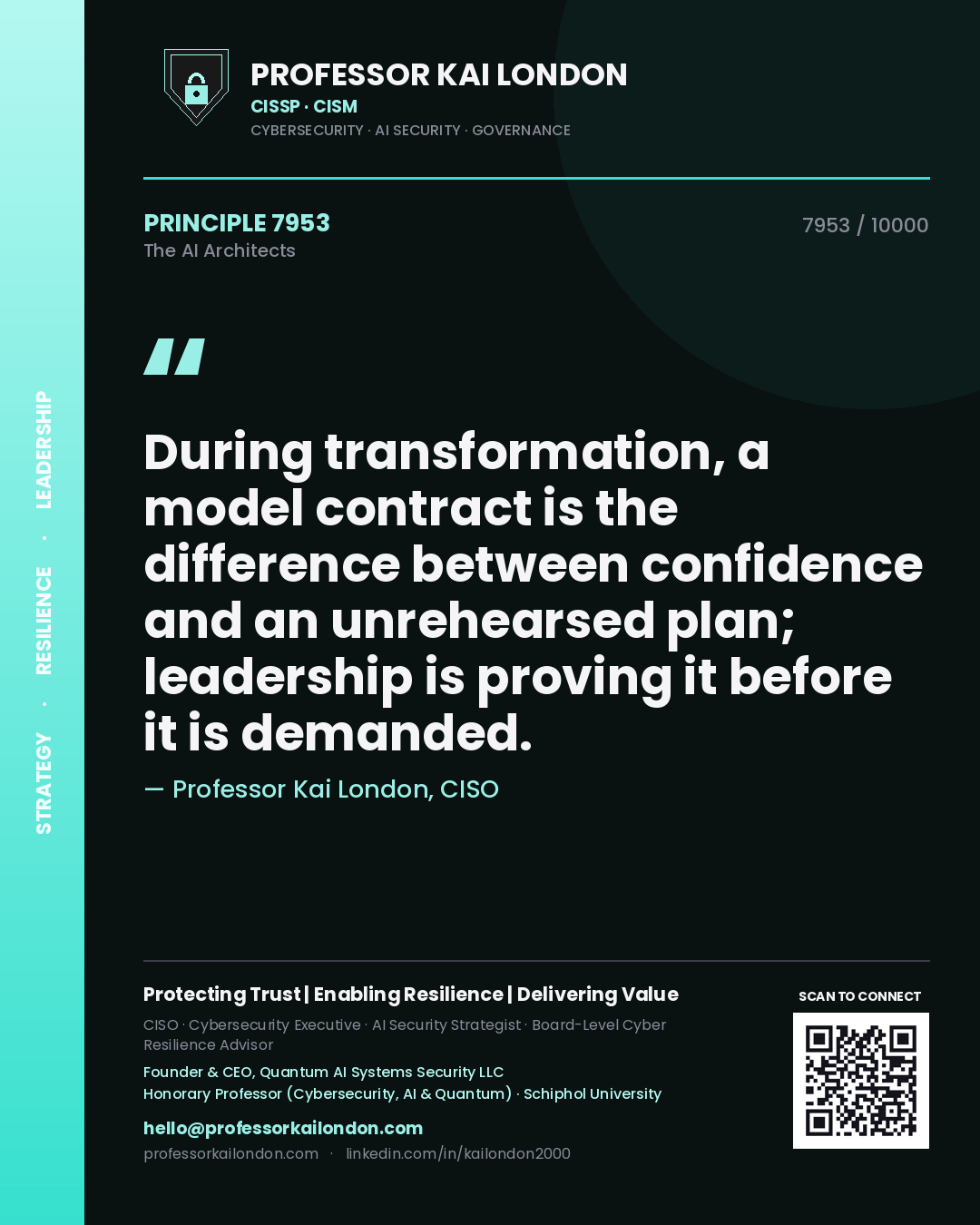 Quote card by Professor Kai London reading 'During transformation, a model contract is the difference between confidence and an unrehearsed plan; leadership is proving it before it is demanded.'. From the book The AI Architects.
