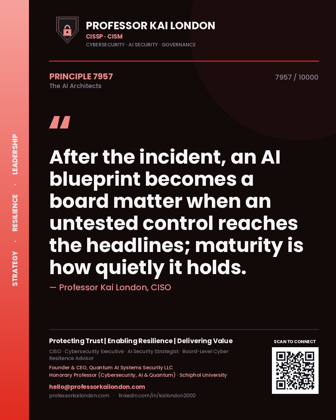Quote card by Professor Kai London reading 'After the incident, an AI blueprint becomes a board matter when an untested control reaches the headlines; maturity is how quietly it holds.'. From the book The AI Architects.