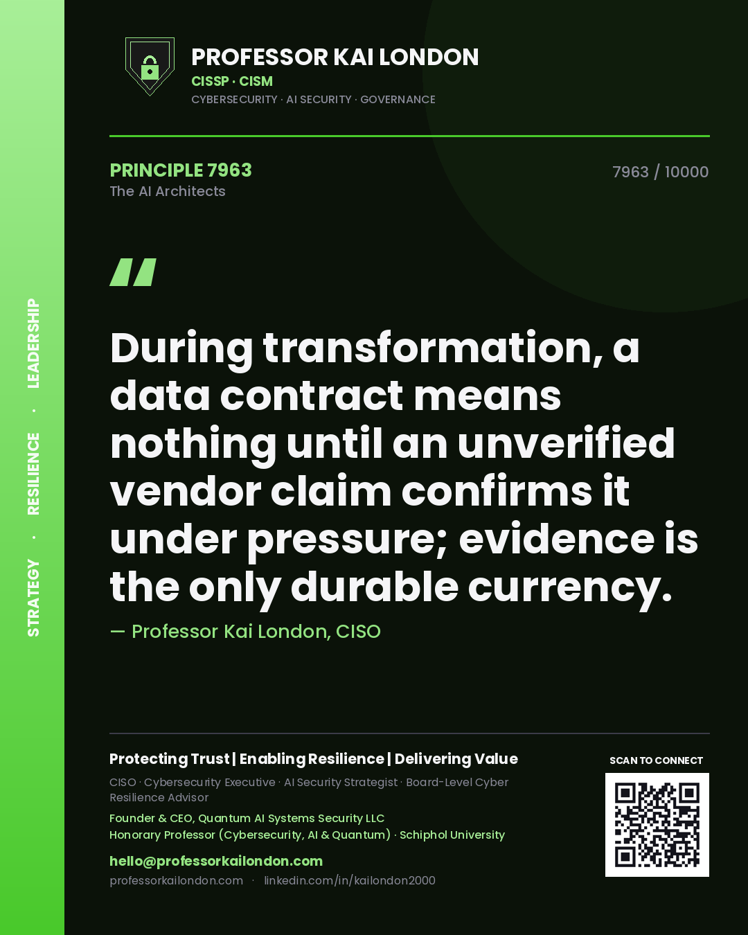 Quote card by Professor Kai London reading 'During transformation, a data contract means nothing until an unverified vendor claim confirms it under pressure; evidence is the only durable currency.'. From the book The AI Architects.