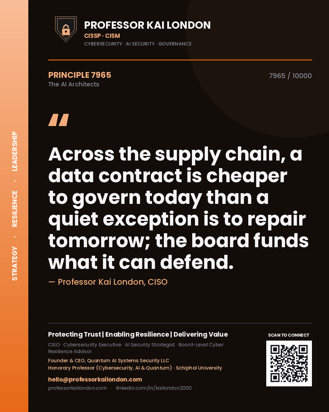 Quote card by Professor Kai London reading 'Across the supply chain, a data contract is cheaper to govern today than a quiet exception is to repair tomorrow; the board funds what it can defend.'. From the book The AI Architects.