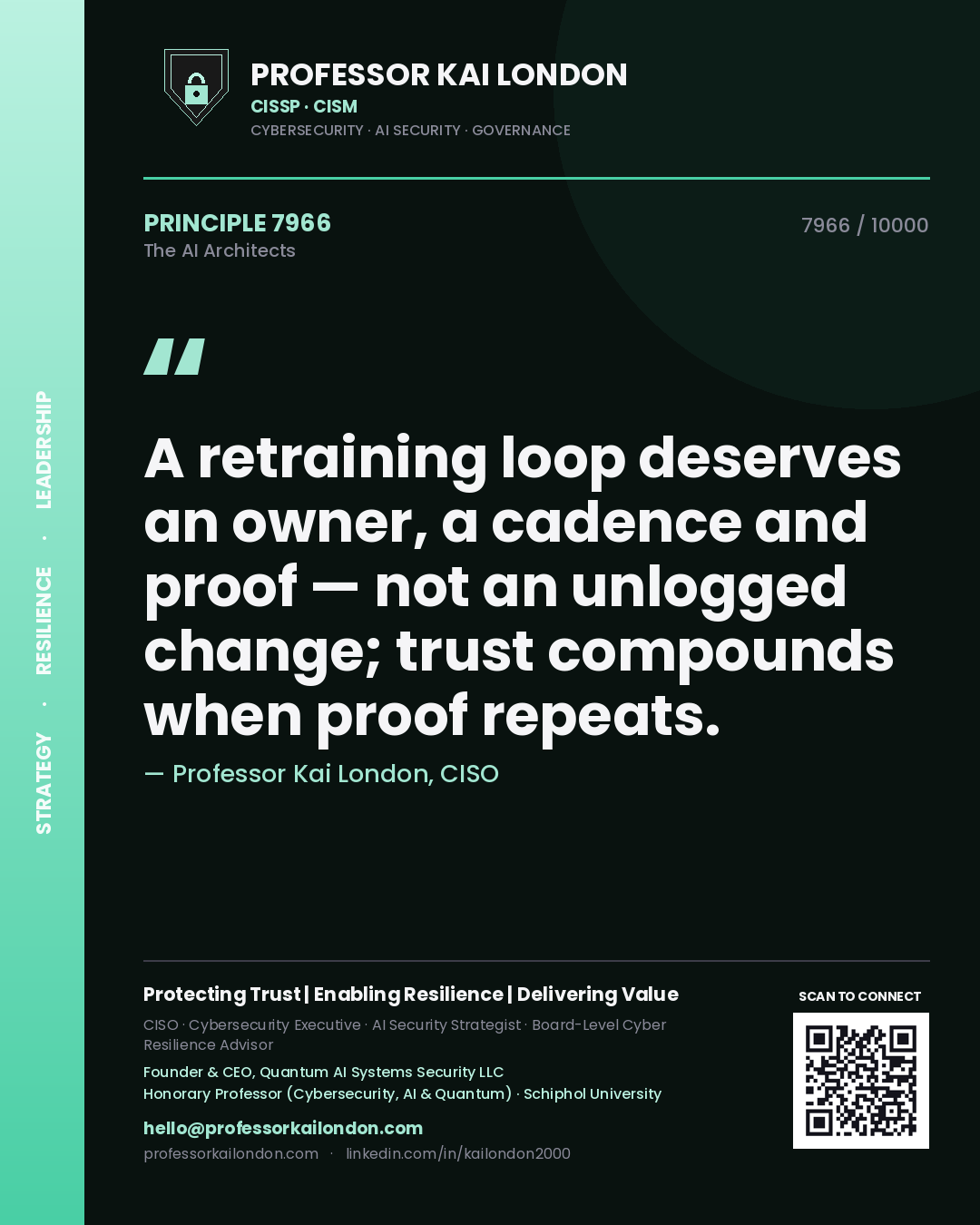 Quote card by Professor Kai London reading 'A retraining loop deserves an owner, a cadence and proof — not an unlogged change; trust compounds when proof repeats.'. From the book The AI Architects.