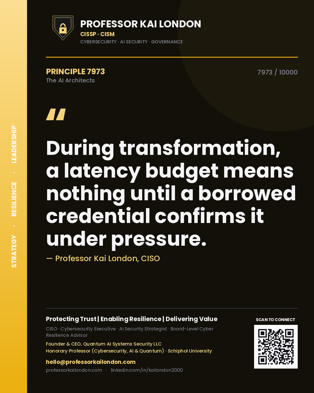 Quote card by Professor Kai London reading 'During transformation, a latency budget means nothing until a borrowed credential confirms it under pressure.'. From the book The AI Architects.