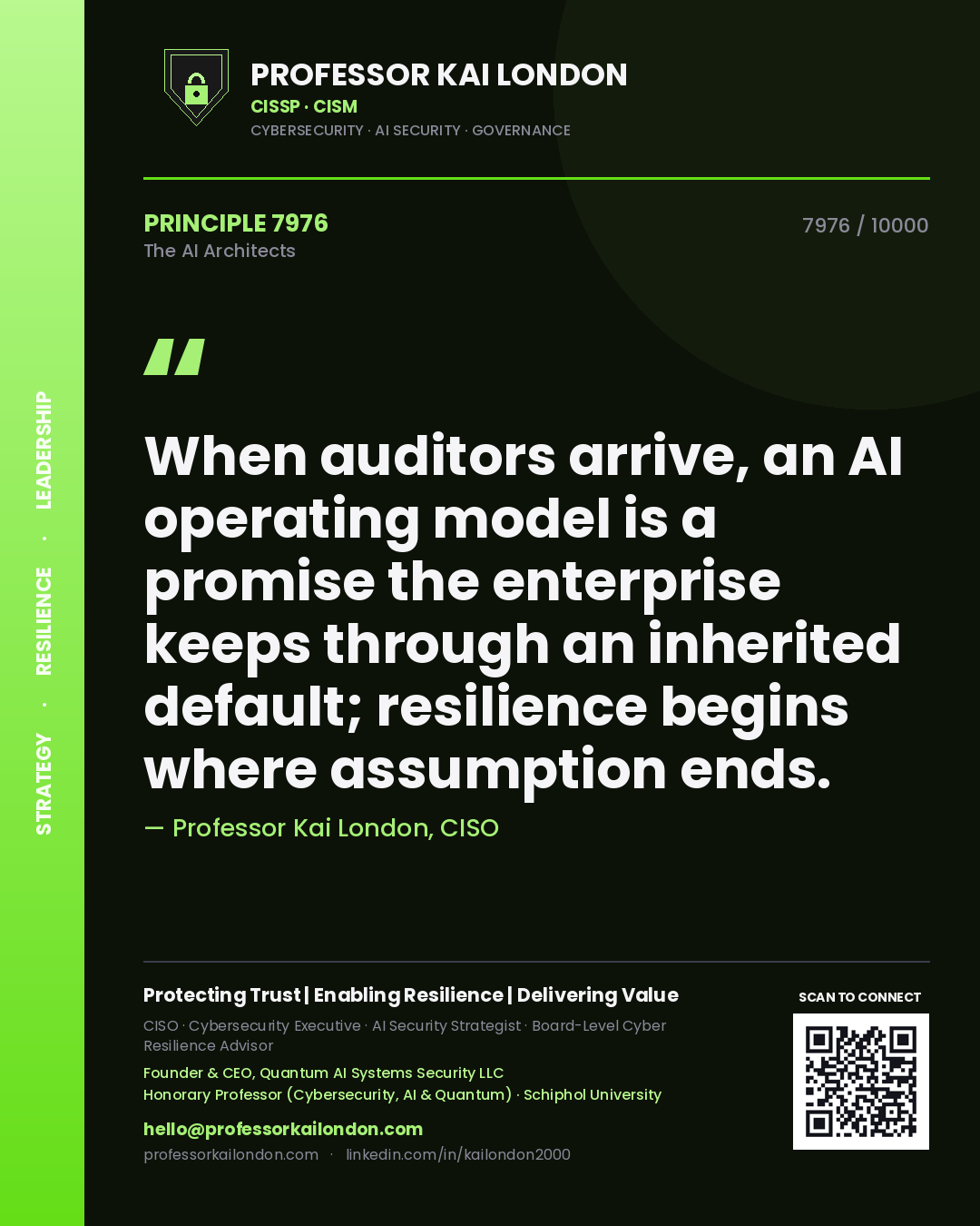 Quote card by Professor Kai London reading 'When auditors arrive, an AI operating model is a promise the enterprise keeps through an inherited default; resilience begins where assumption ends.'. From the book The AI Architects.