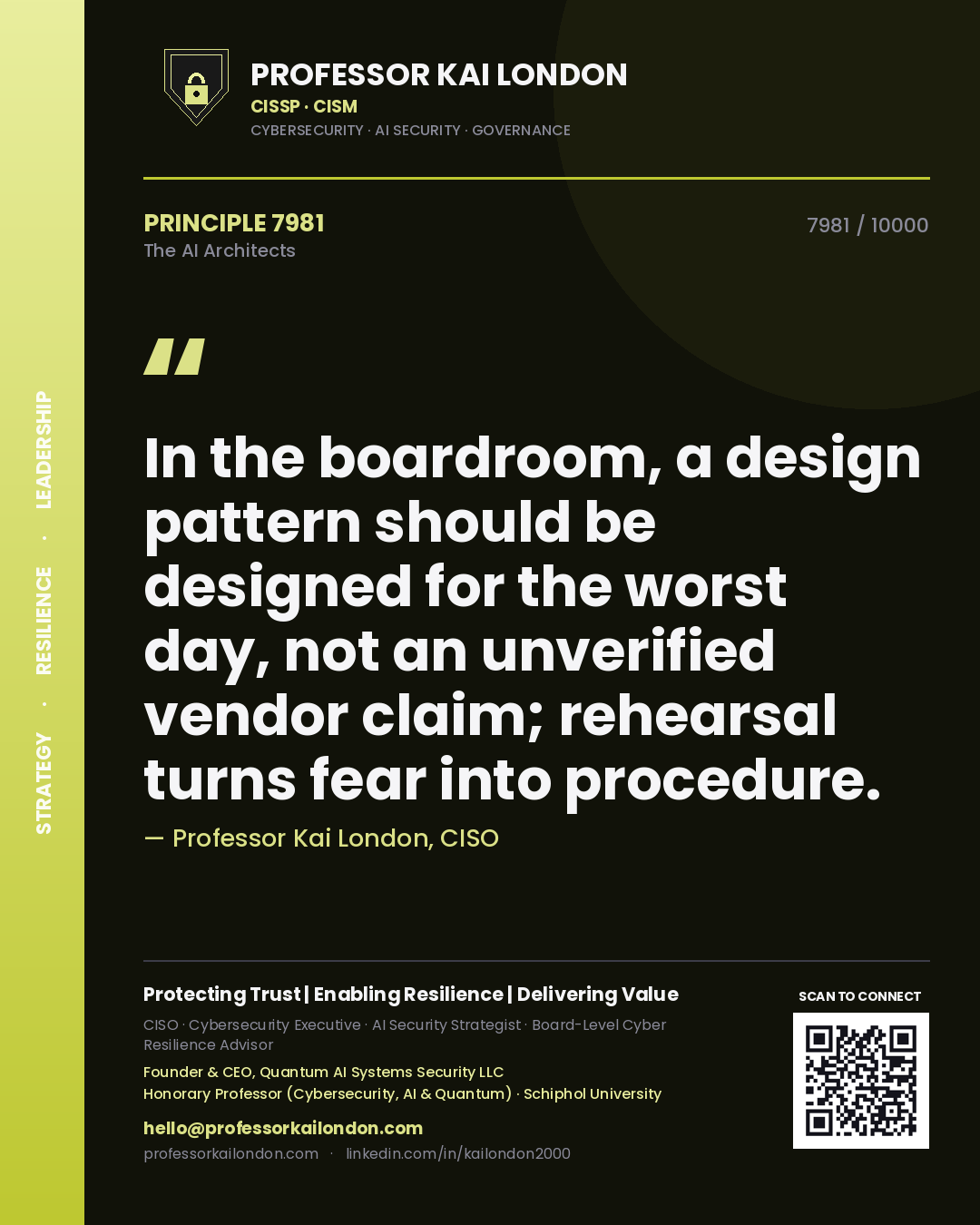 Quote card by Professor Kai London reading 'In the boardroom, a design pattern should be designed for the worst day, not an unverified vendor claim; rehearsal turns fear into procedure.'. From the book The AI Architects.