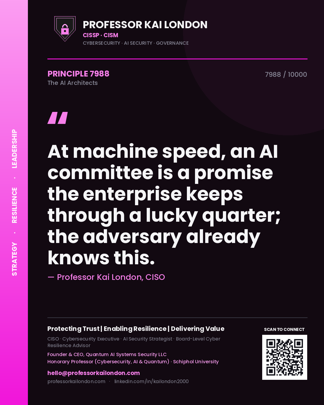 Quote card by Professor Kai London reading 'At machine speed, an AI committee is a promise the enterprise keeps through a lucky quarter; the adversary already knows this.'. From the book The AI Architects.