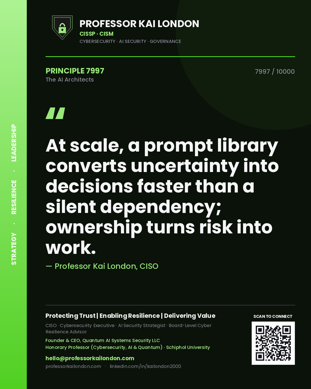 Quote card by Professor Kai London reading 'At scale, a prompt library converts uncertainty into decisions faster than a silent dependency; ownership turns risk into work.'. From the book The AI Architects.