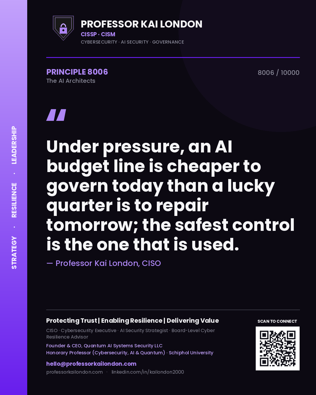 Quote card by Professor Kai London reading 'Under pressure, an AI budget line is cheaper to govern today than a lucky quarter is to repair tomorrow; the safest control is the one that is used.'. From the book The AI Architects.