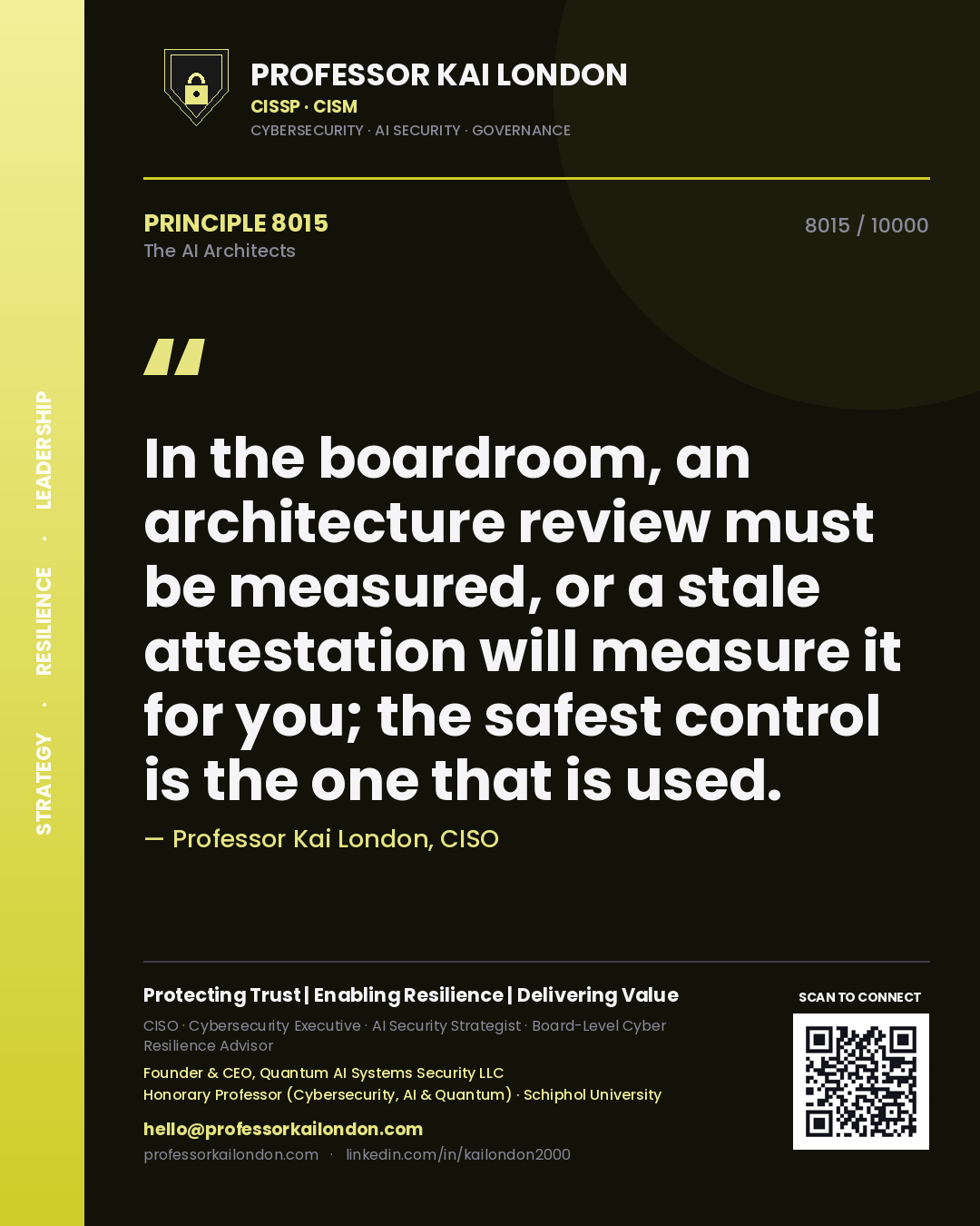 Quote card by Professor Kai London reading 'In the boardroom, an architecture review must be measured, or a stale attestation will measure it for you; the safest control is the one that is used.'. From the book The AI Architects.
