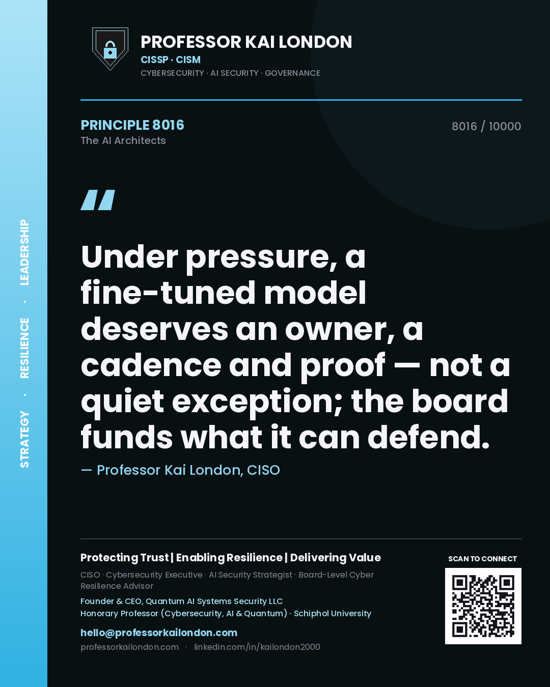 Quote card by Professor Kai London reading 'Under pressure, a fine-tuned model deserves an owner, a cadence and proof — not a quiet exception; the board funds what it can defend.'. From the book The AI Architects.