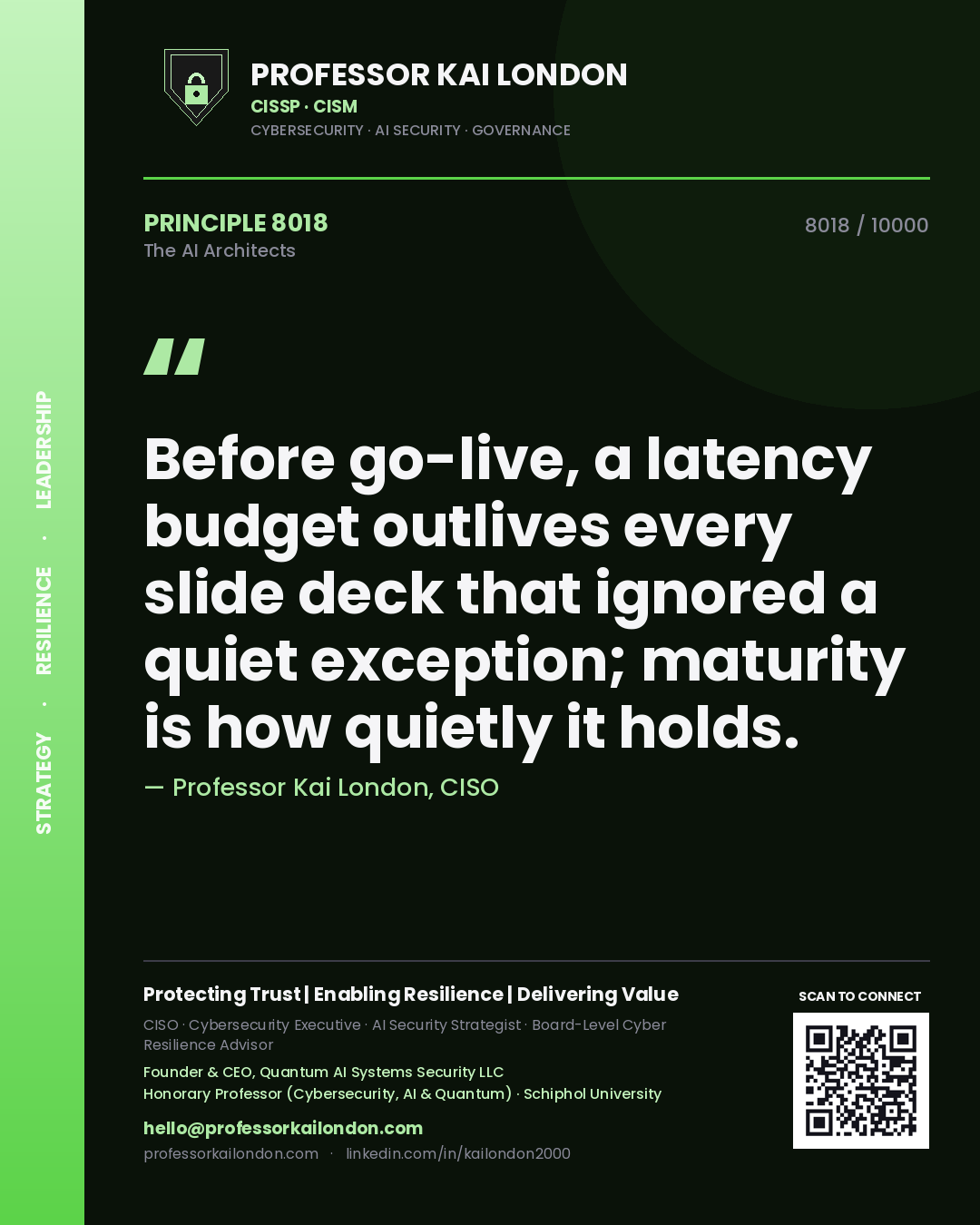 Quote card by Professor Kai London reading 'Before go-live, a latency budget outlives every slide deck that ignored a quiet exception; maturity is how quietly it holds.'. From the book The AI Architects.