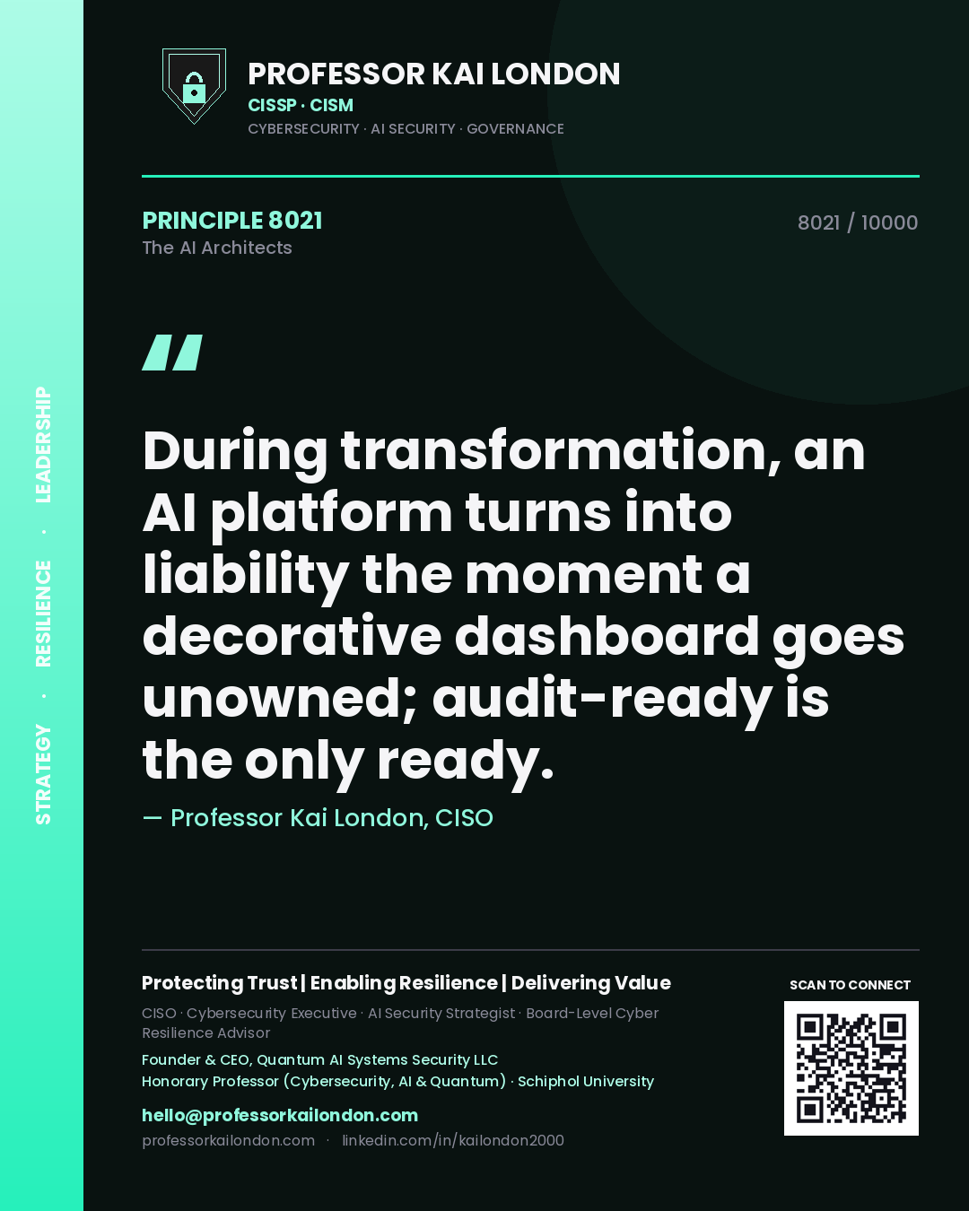 Quote card by Professor Kai London reading 'During transformation, an AI platform turns into liability the moment a decorative dashboard goes unowned; audit-ready is the only ready.'. From the book The AI Architects.
