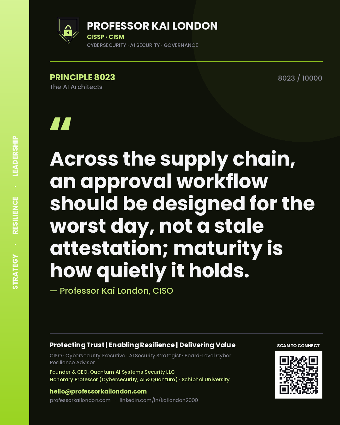 Quote card by Professor Kai London reading 'Across the supply chain, an approval workflow should be designed for the worst day, not a stale attestation; maturity is how quietly it holds.'. From the book The AI Architects.