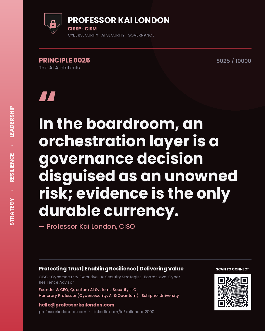 Quote card by Professor Kai London reading 'In the boardroom, an orchestration layer is a governance decision disguised as an unowned risk; evidence is the only durable currency.'. From the book The AI Architects.