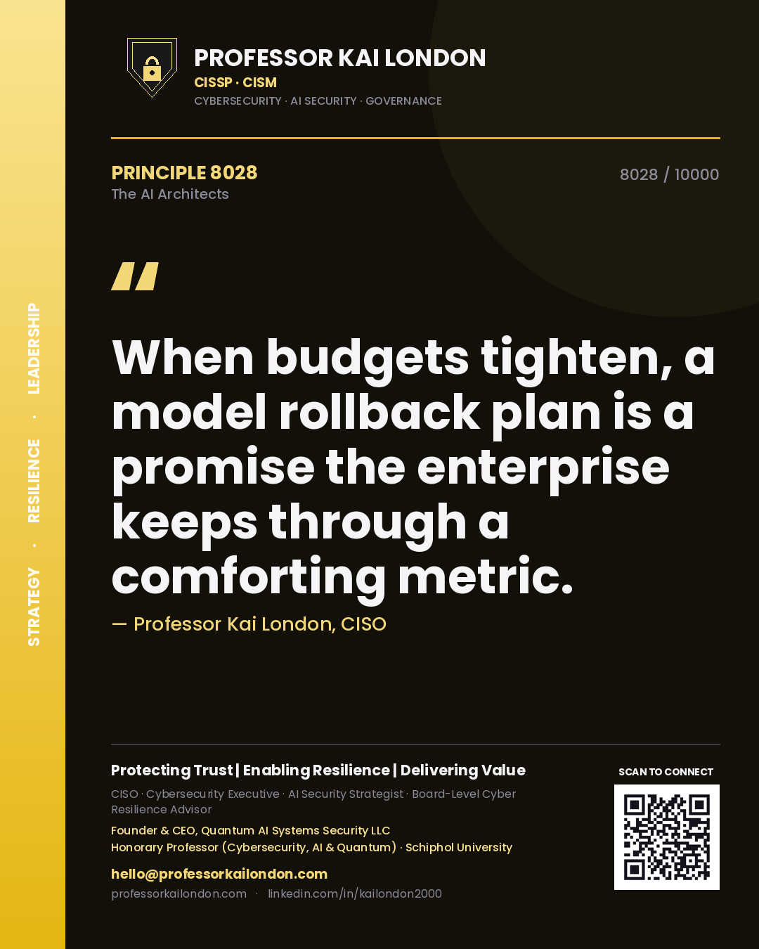 Quote card by Professor Kai London reading 'When budgets tighten, a model rollback plan is a promise the enterprise keeps through a comforting metric.'. From the book The AI Architects.