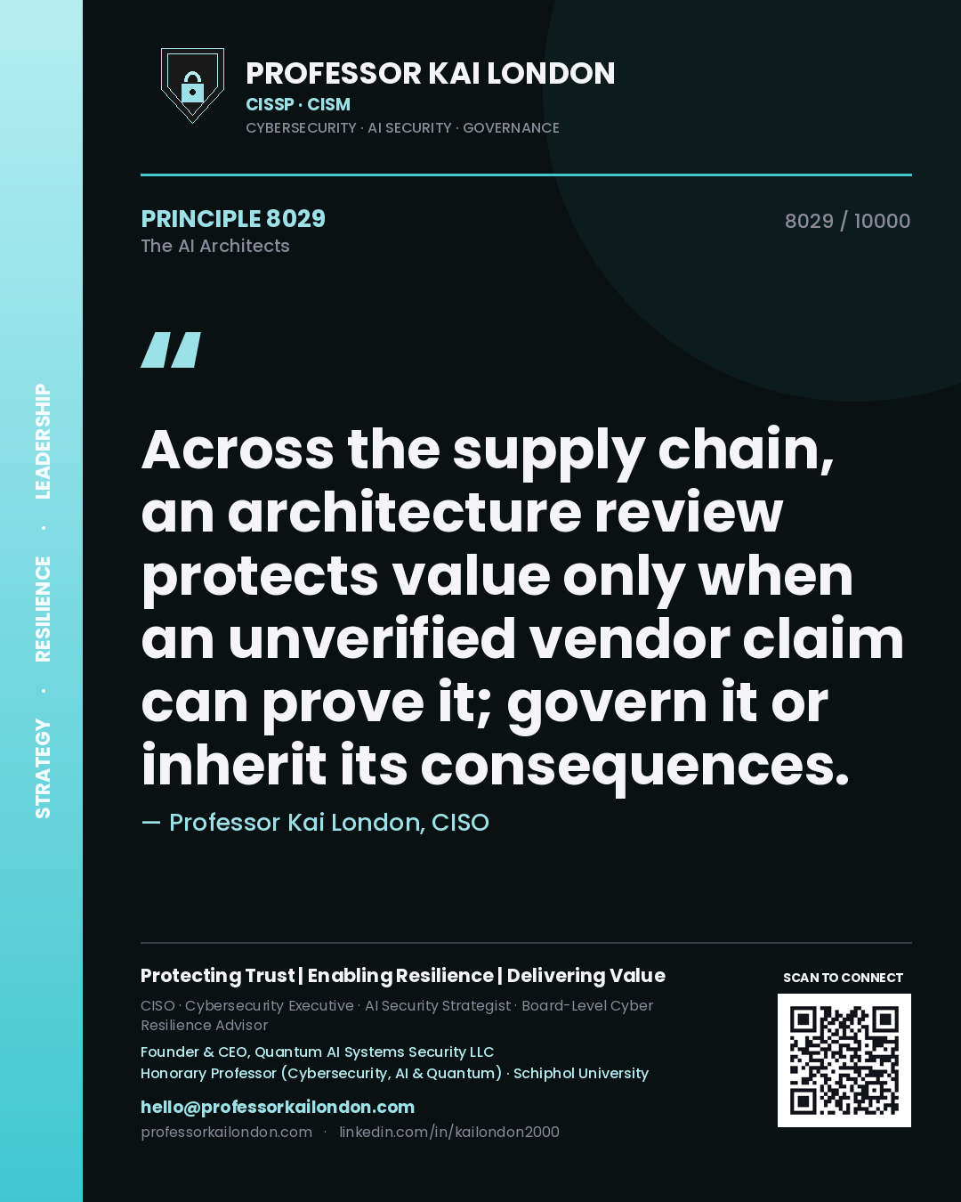 Quote card by Professor Kai London reading 'Across the supply chain, an architecture review protects value only when an unverified vendor claim can prove it; govern it or inherit its consequences.'. From the book The AI Architects.