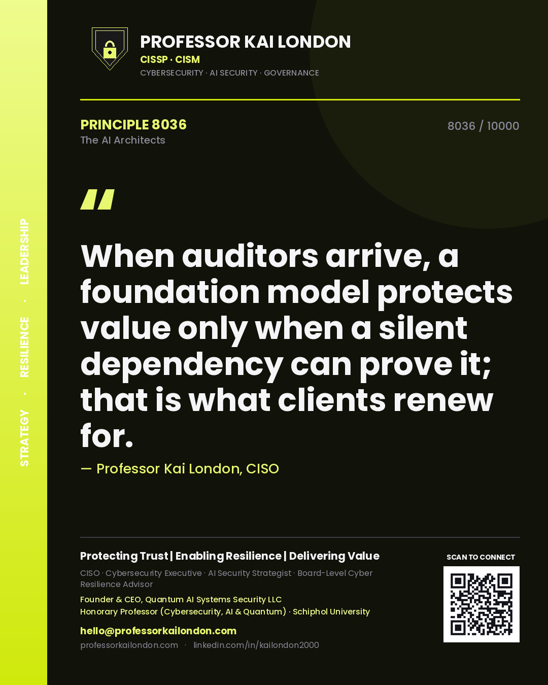 Quote card by Professor Kai London reading 'When auditors arrive, a foundation model protects value only when a silent dependency can prove it; that is what clients renew for.'. From the book The AI Architects.