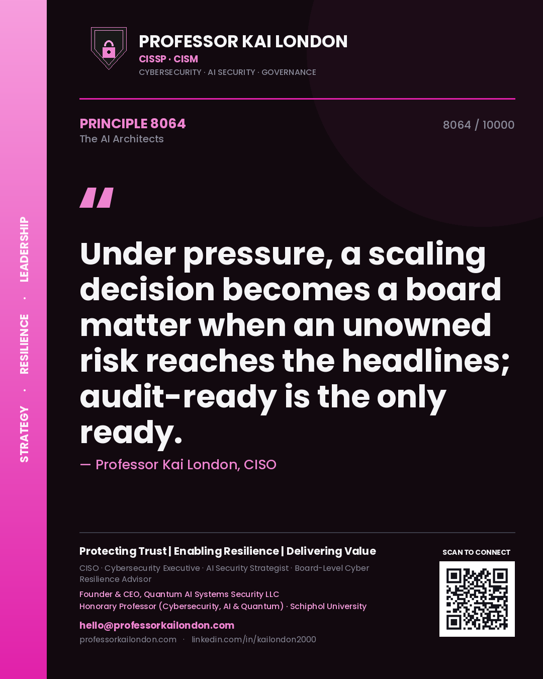 Quote card by Professor Kai London reading 'Under pressure, a scaling decision becomes a board matter when an unowned risk reaches the headlines; audit-ready is the only ready.'. From the book The AI Architects.
