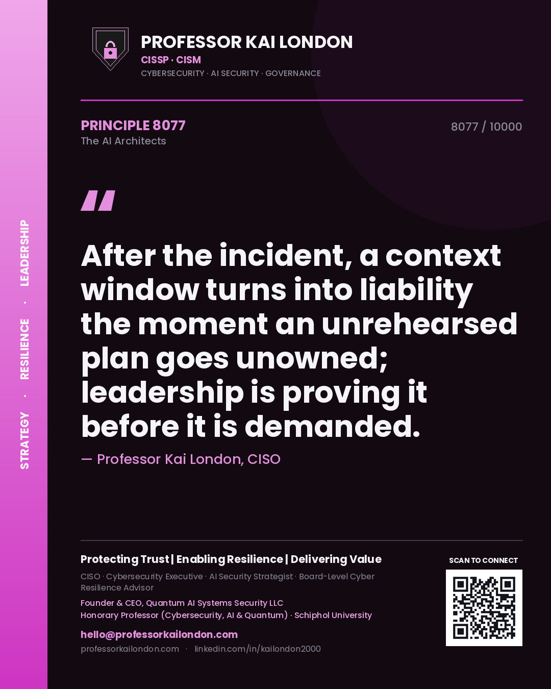 Quote card by Professor Kai London reading 'After the incident, a context window turns into liability the moment an unrehearsed plan goes unowned; leadership is proving it before it is demanded.'. From the book The AI Architects.