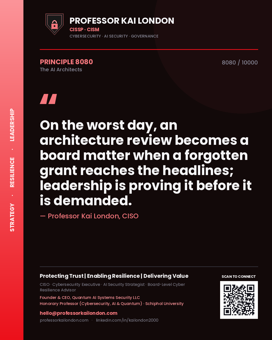 Quote card by Professor Kai London reading 'On the worst day, an architecture review becomes a board matter when a forgotten grant reaches the headlines; leadership is proving it before it is demanded.'. From the book The AI Architects.