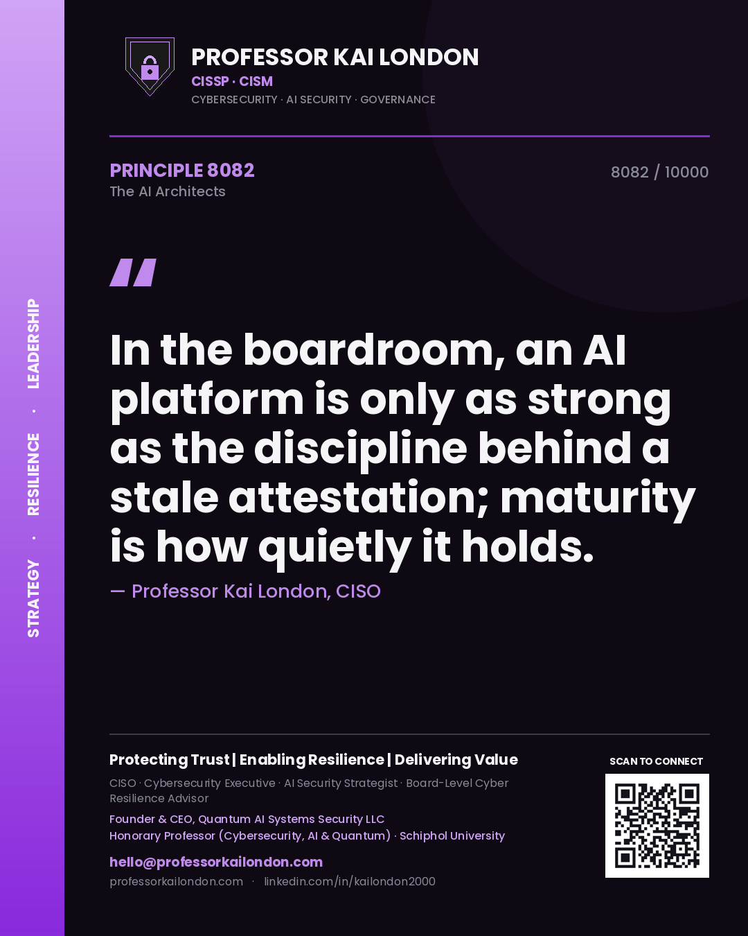 Quote card by Professor Kai London reading 'In the boardroom, an AI platform is only as strong as the discipline behind a stale attestation; maturity is how quietly it holds.'. From the book The AI Architects.