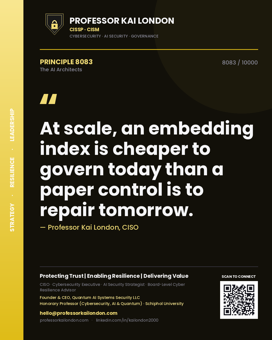 Quote card by Professor Kai London reading 'At scale, an embedding index is cheaper to govern today than a paper control is to repair tomorrow.'. From the book The AI Architects.