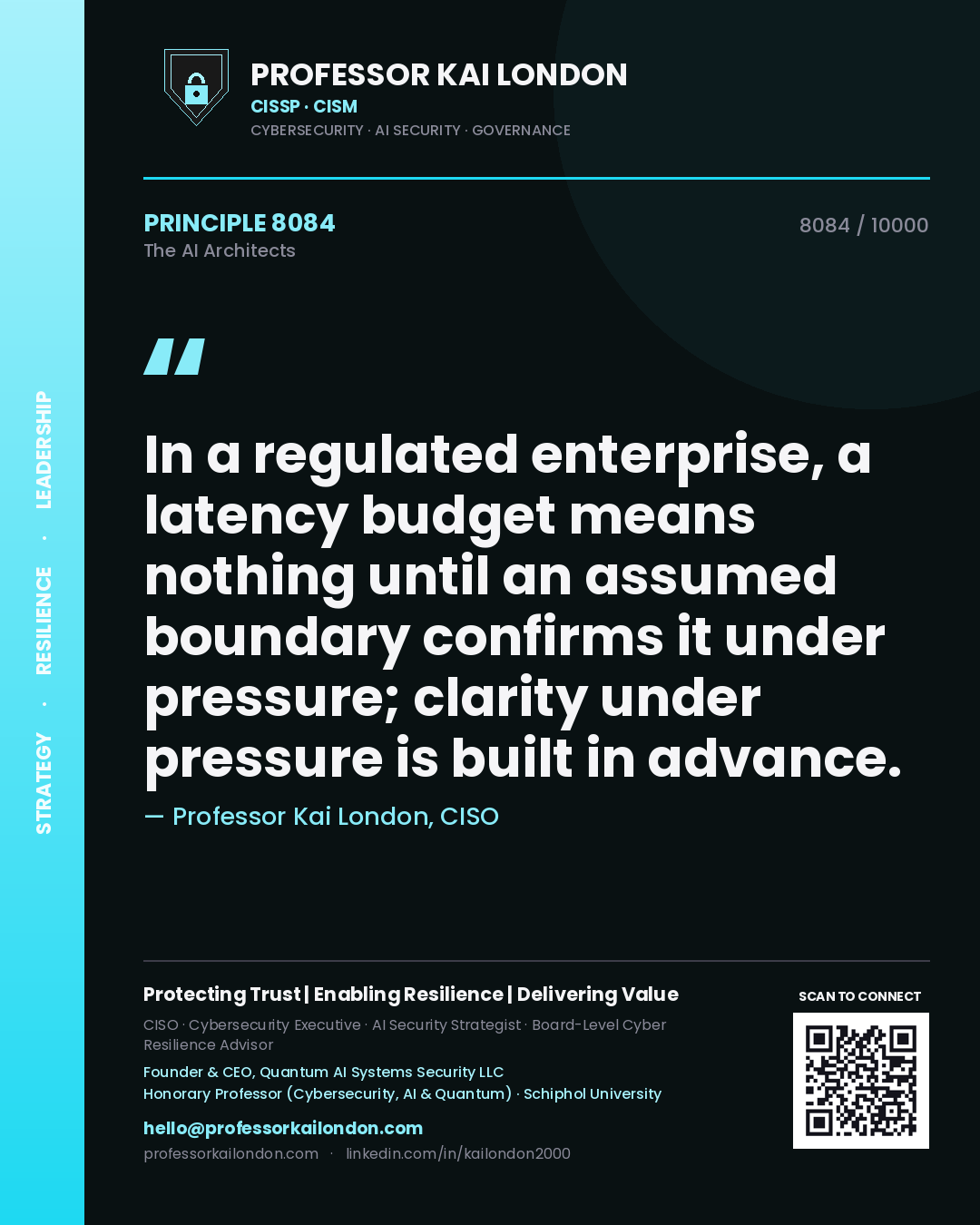 Professor Kai London principle 8084: In a regulated enterprise, a latency budget means nothing until an assumed boundary confirms it under pressure; clarity under pressure is built in advance.