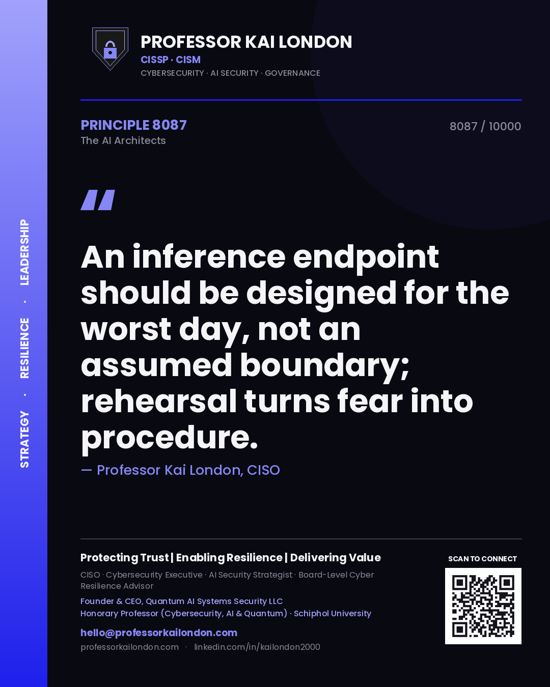 Quote card by Professor Kai London reading 'An inference endpoint should be designed for the worst day, not an assumed boundary; rehearsal turns fear into procedure.'. From the book The AI Architects.