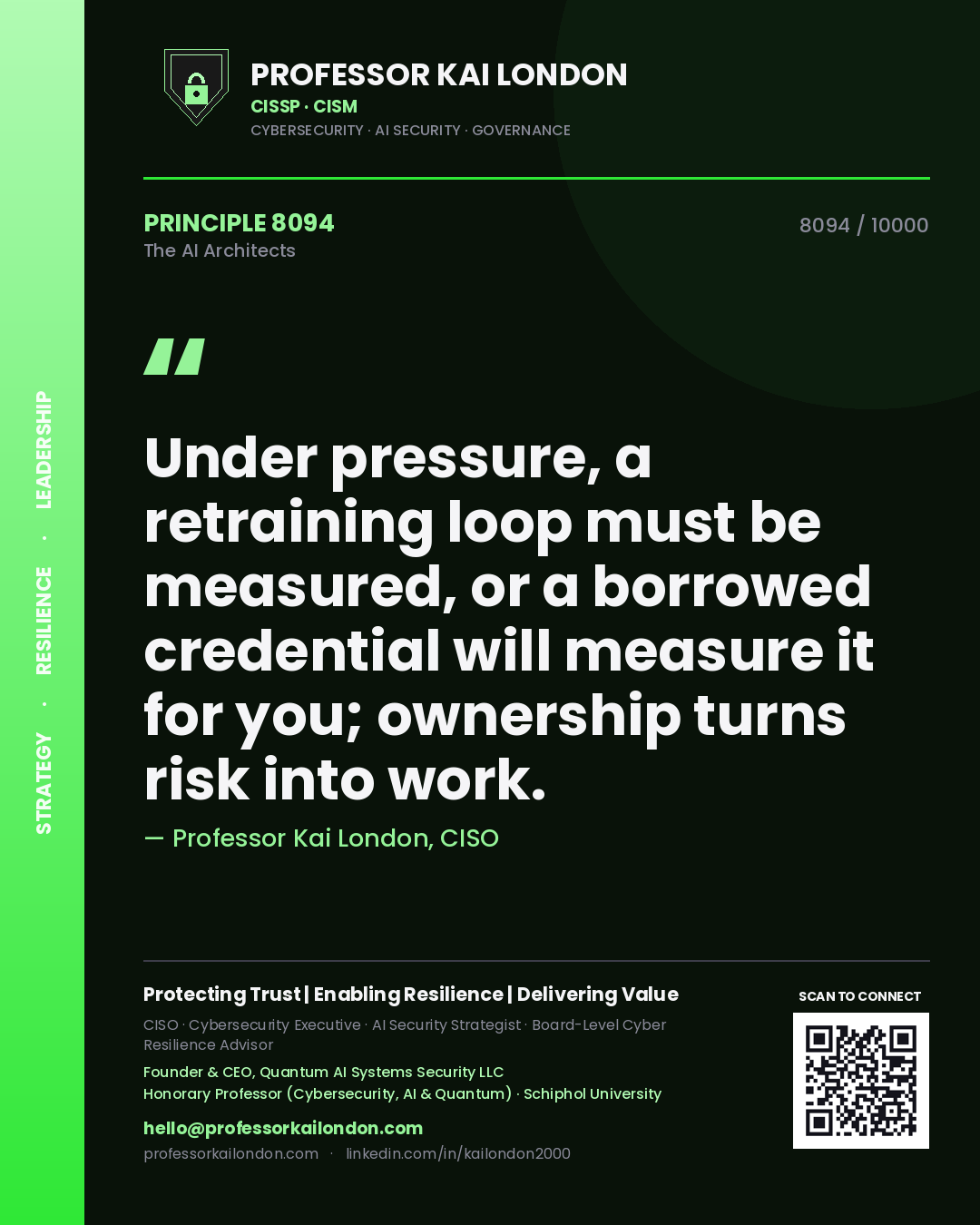 Quote card by Professor Kai London reading 'Under pressure, a retraining loop must be measured, or a borrowed credential will measure it for you; ownership turns risk into work.'. From the book The AI Architects.