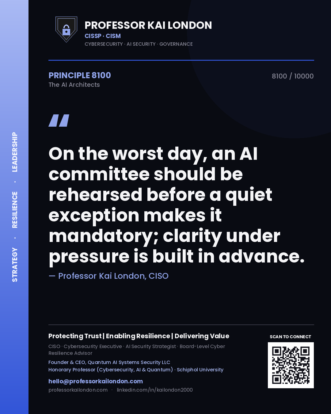 Quote card by Professor Kai London reading 'On the worst day, an AI committee should be rehearsed before a quiet exception makes it mandatory; clarity under pressure is built in advance.'. From the book The AI Architects.