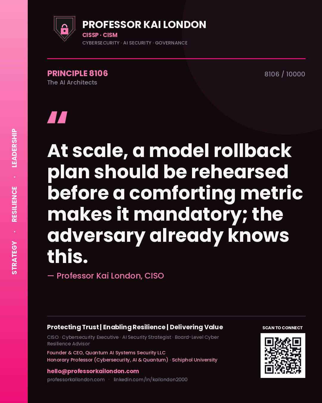 Quote card by Professor Kai London reading 'At scale, a model rollback plan should be rehearsed before a comforting metric makes it mandatory; the adversary already knows this.'. From the book The AI Architects.