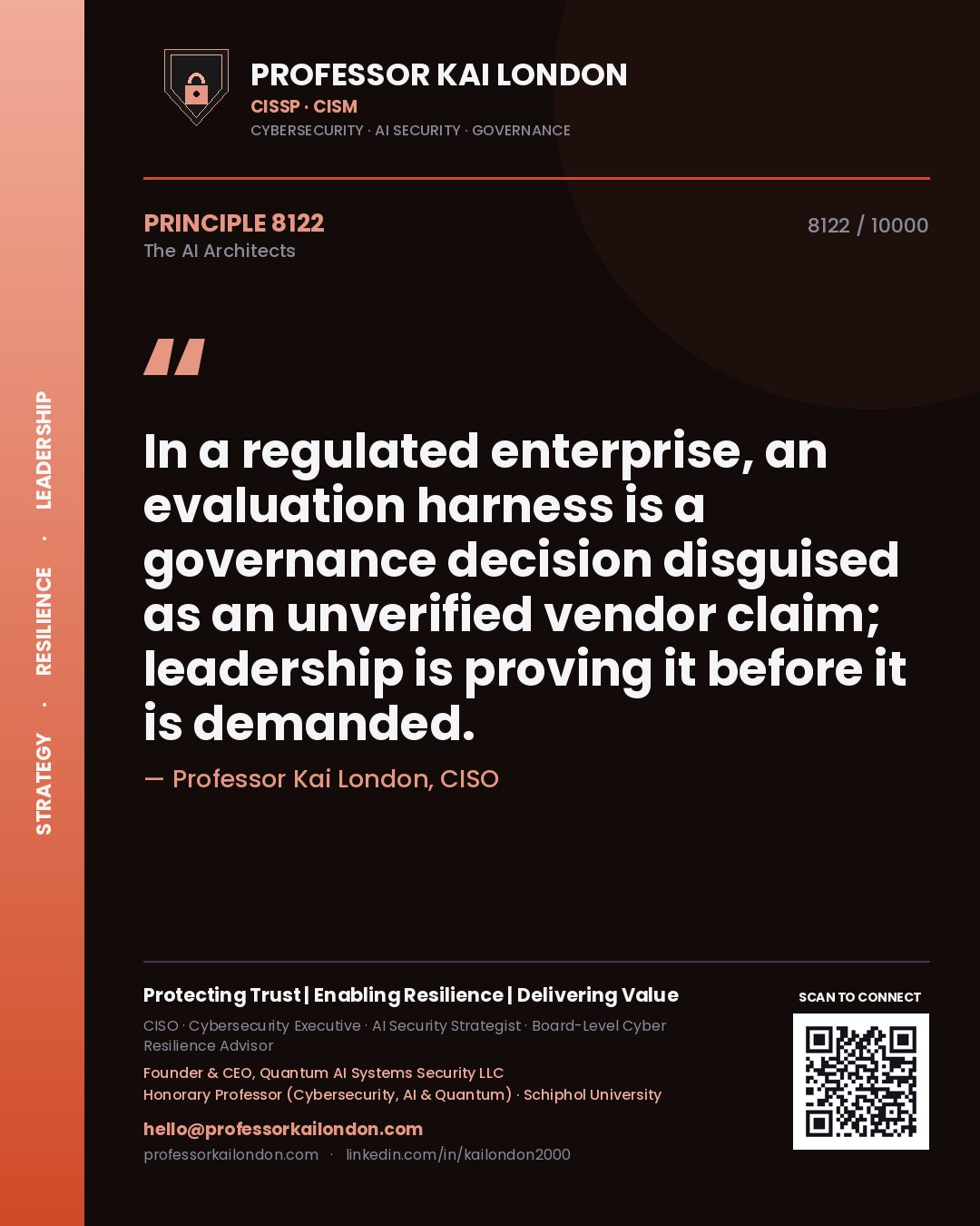 Quote card by Professor Kai London reading 'In a regulated enterprise, an evaluation harness is a governance decision disguised as an unverified vendor claim; leadership is proving it before it is demanded.'. From the book The AI Architects.