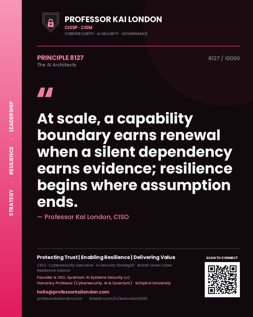 Quote card by Professor Kai London reading 'At scale, a capability boundary earns renewal when a silent dependency earns evidence; resilience begins where assumption ends.'. From the book The AI Architects.