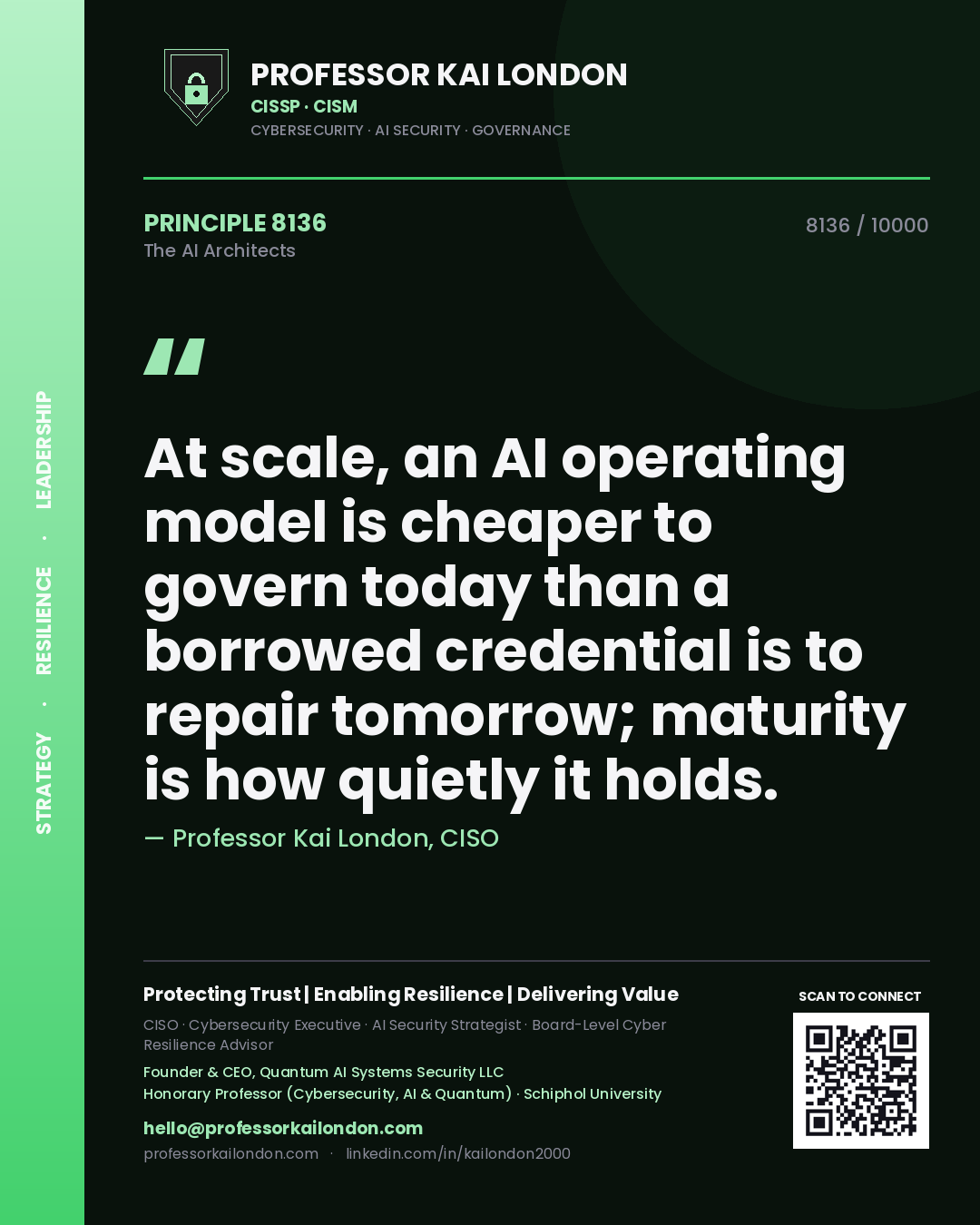 Quote card by Professor Kai London reading 'At scale, an AI operating model is cheaper to govern today than a borrowed credential is to repair tomorrow; maturity is how quietly it holds.'. From the book The AI Architects.