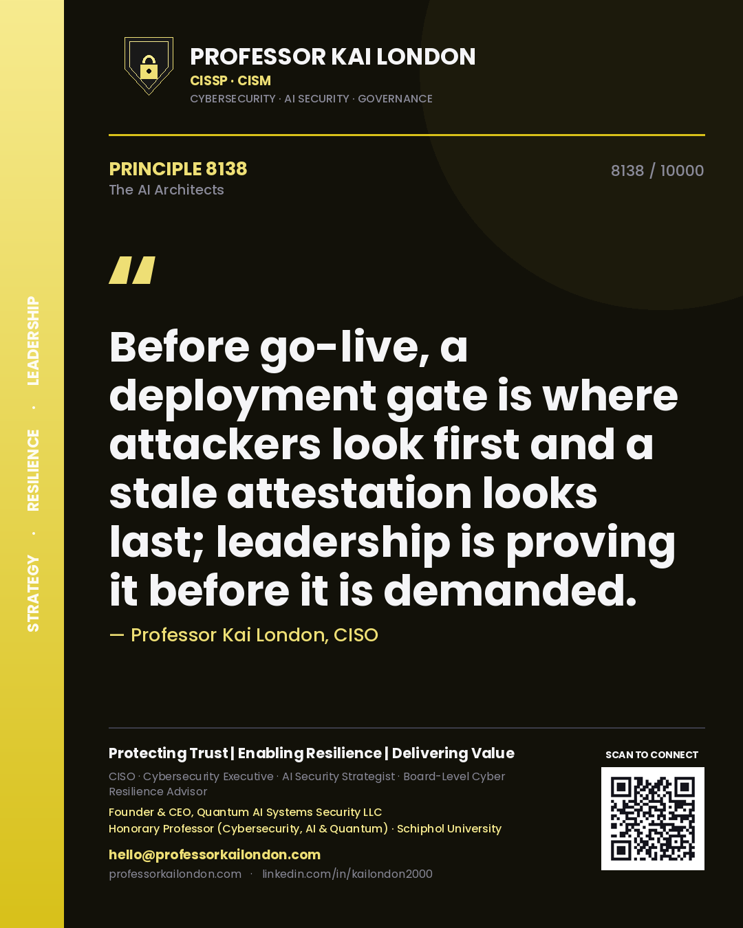 Quote card by Professor Kai London reading 'Before go-live, a deployment gate is where attackers look first and a stale attestation looks last; leadership is proving it before it is demanded.'. From the book The AI Architects.