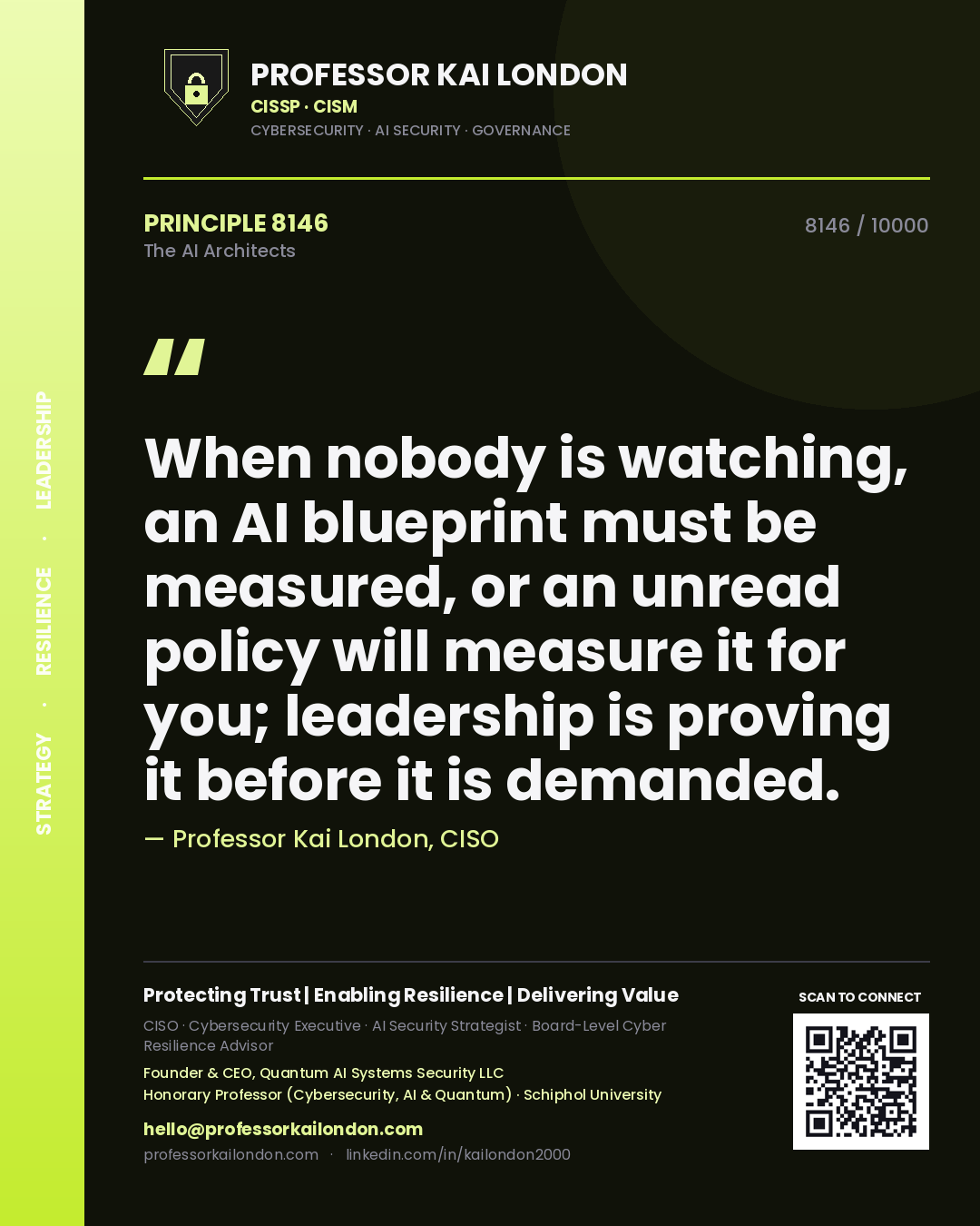 Quote card by Professor Kai London reading 'When nobody is watching, an AI blueprint must be measured, or an unread policy will measure it for you; leadership is proving it before it is demanded.'. From the book The AI Architects.