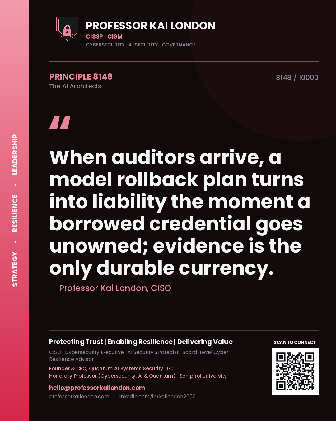 Quote card by Professor Kai London reading 'When auditors arrive, a model rollback plan turns into liability the moment a borrowed credential goes unowned; evidence is the only durable currency.'. From the book The AI Architects.