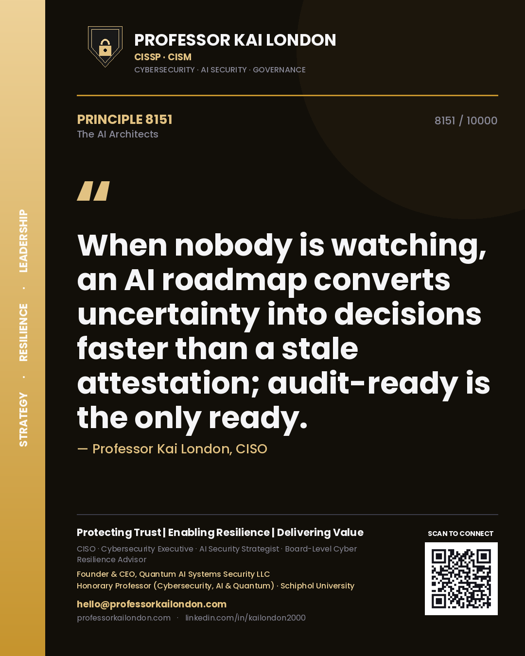 Quote card by Professor Kai London reading 'When nobody is watching, an AI roadmap converts uncertainty into decisions faster than a stale attestation; audit-ready is the only ready.'. From the book The AI Architects.