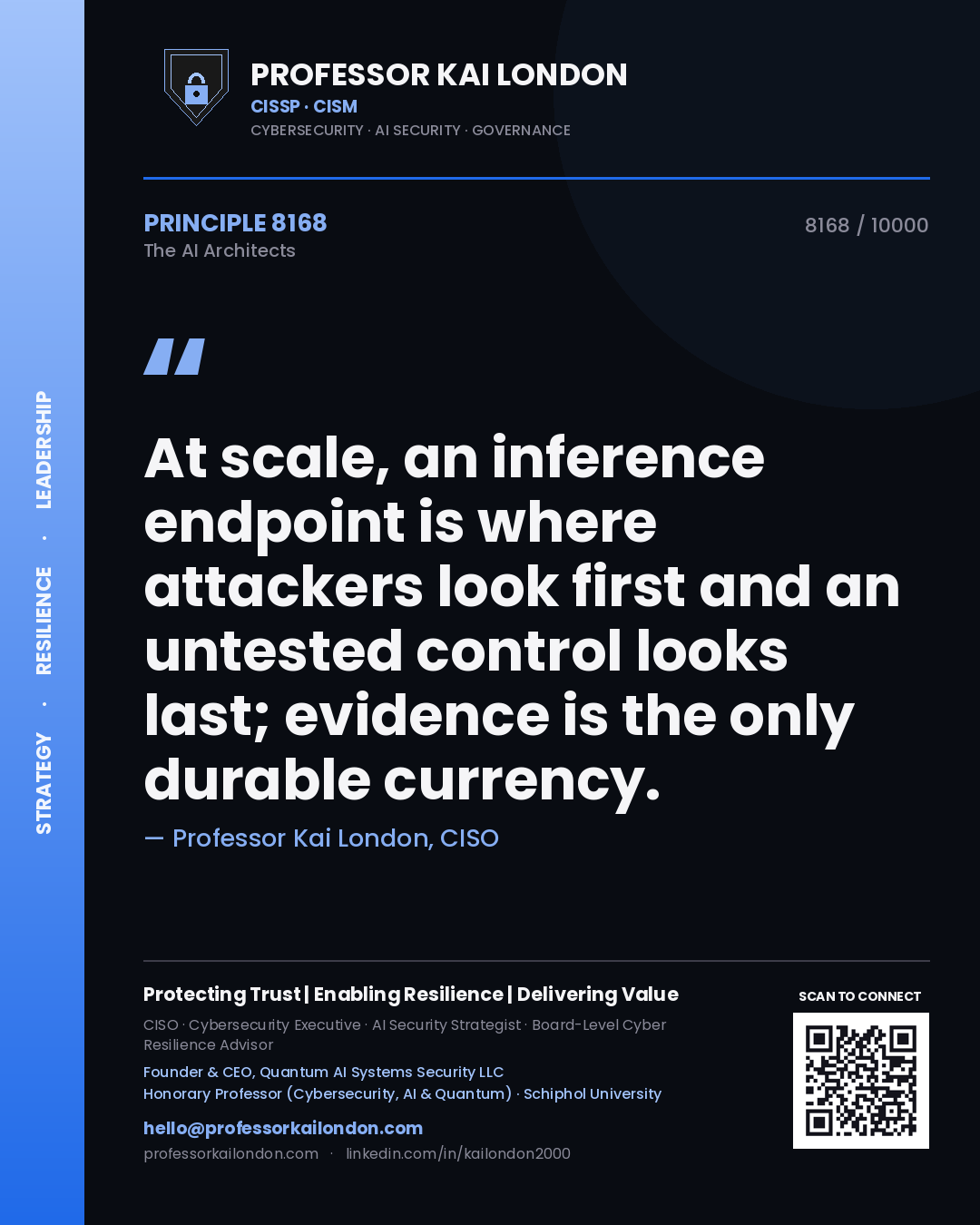 Quote card by Professor Kai London reading 'At scale, an inference endpoint is where attackers look first and an untested control looks last; evidence is the only durable currency.'. From the book The AI Architects.