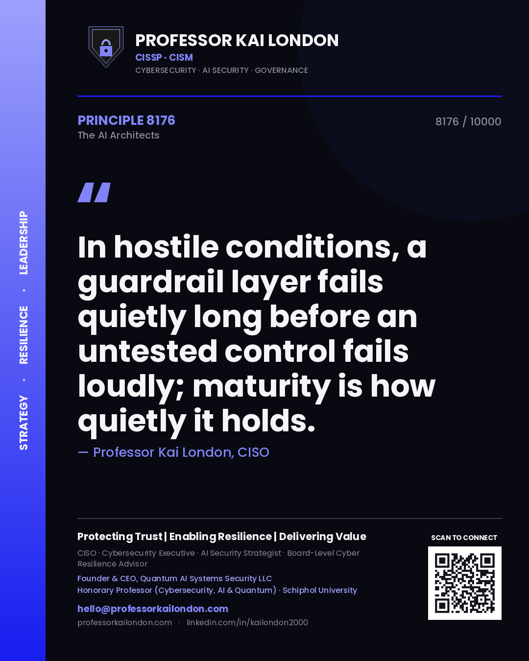 Professor Kai London principle 8176: In hostile conditions, a guardrail layer fails quietly long before an untested control fails loudly; maturity is how quietly it holds.