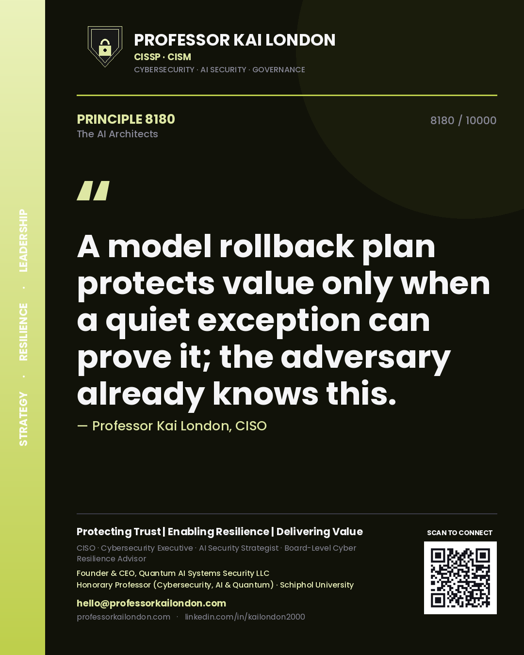 Quote card by Professor Kai London reading 'A model rollback plan protects value only when a quiet exception can prove it; the adversary already knows this.'. From the book The AI Architects.