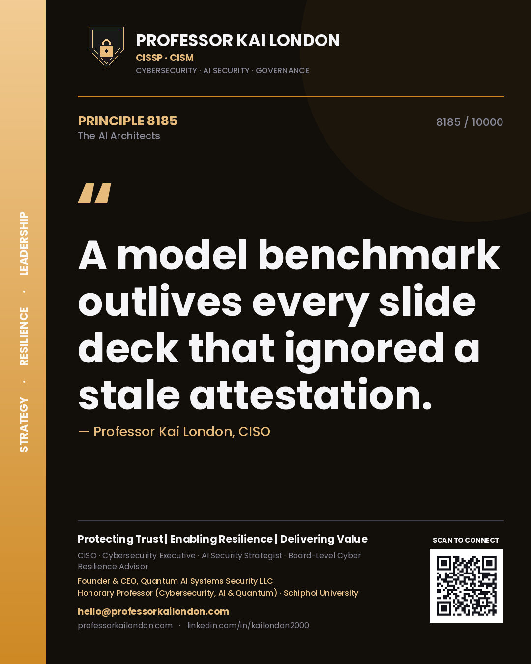 Quote card by Professor Kai London reading 'A model benchmark outlives every slide deck that ignored a stale attestation.'. From the book The AI Architects.